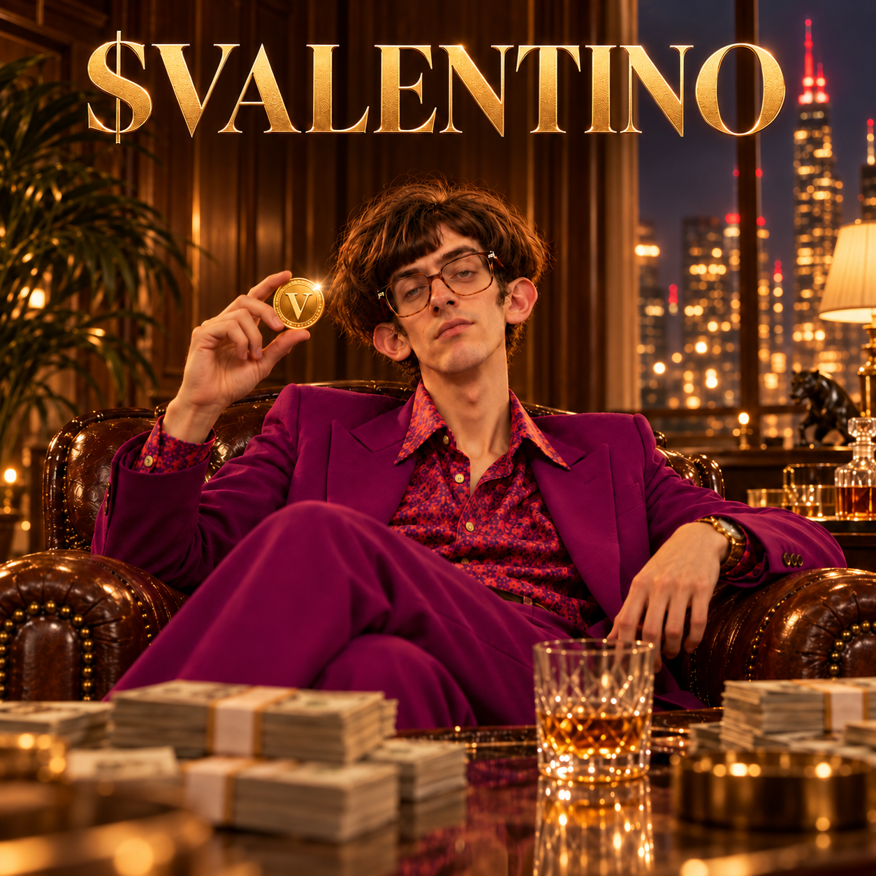 Valentino counts money in a dark luxury lounge surrounded by city lights, gold accents and stacks of cash